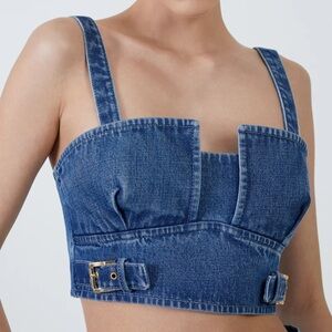 DENIM BUSTIER CROP TOP WITH BUCKLE DETAILS